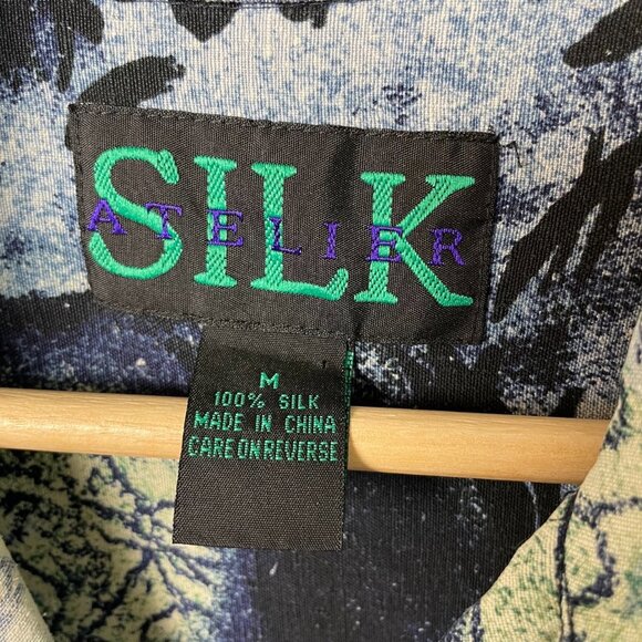 Mens Retro 90s Silk Patterned Blue Button Down Short Sleeve Shirt - Picture 2 of 8